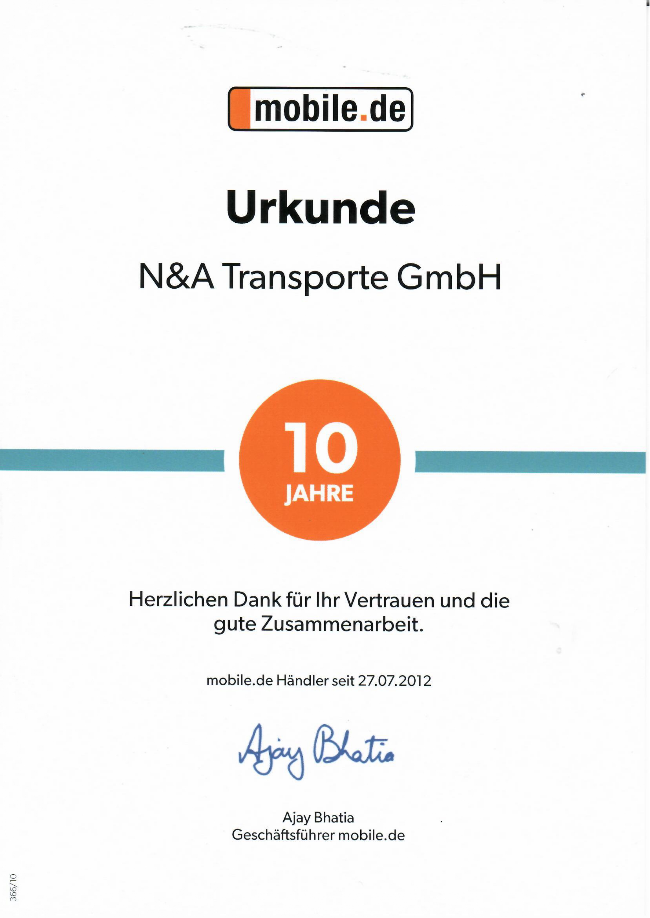 mobile.de 10 Jahre Urkunde